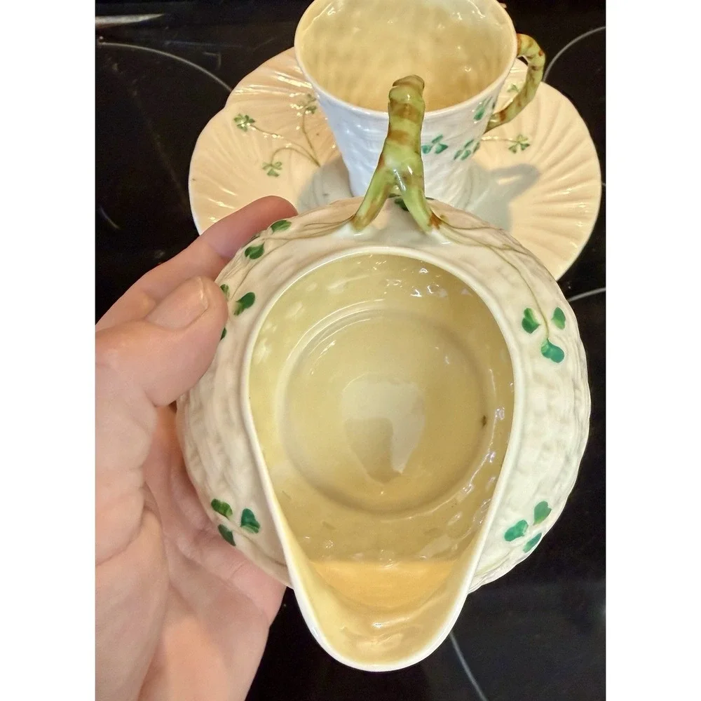 Beleek  Shamrock  Basket  Weave  Open Sugar  Creamer  & Cup AND Saucer Vintage